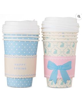 New! Bunnies and Polka Dots 8 ct Disposable Paper Cups with Lids, 14 oz